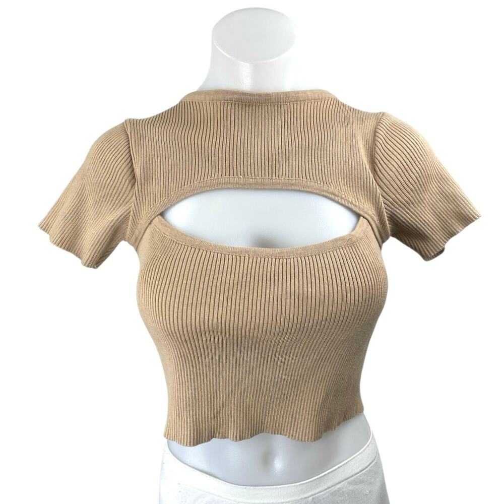 Cider Womens Brown Tan Rib Knit Cutout Short Sleeve High Neck Crop Sweater Top S
